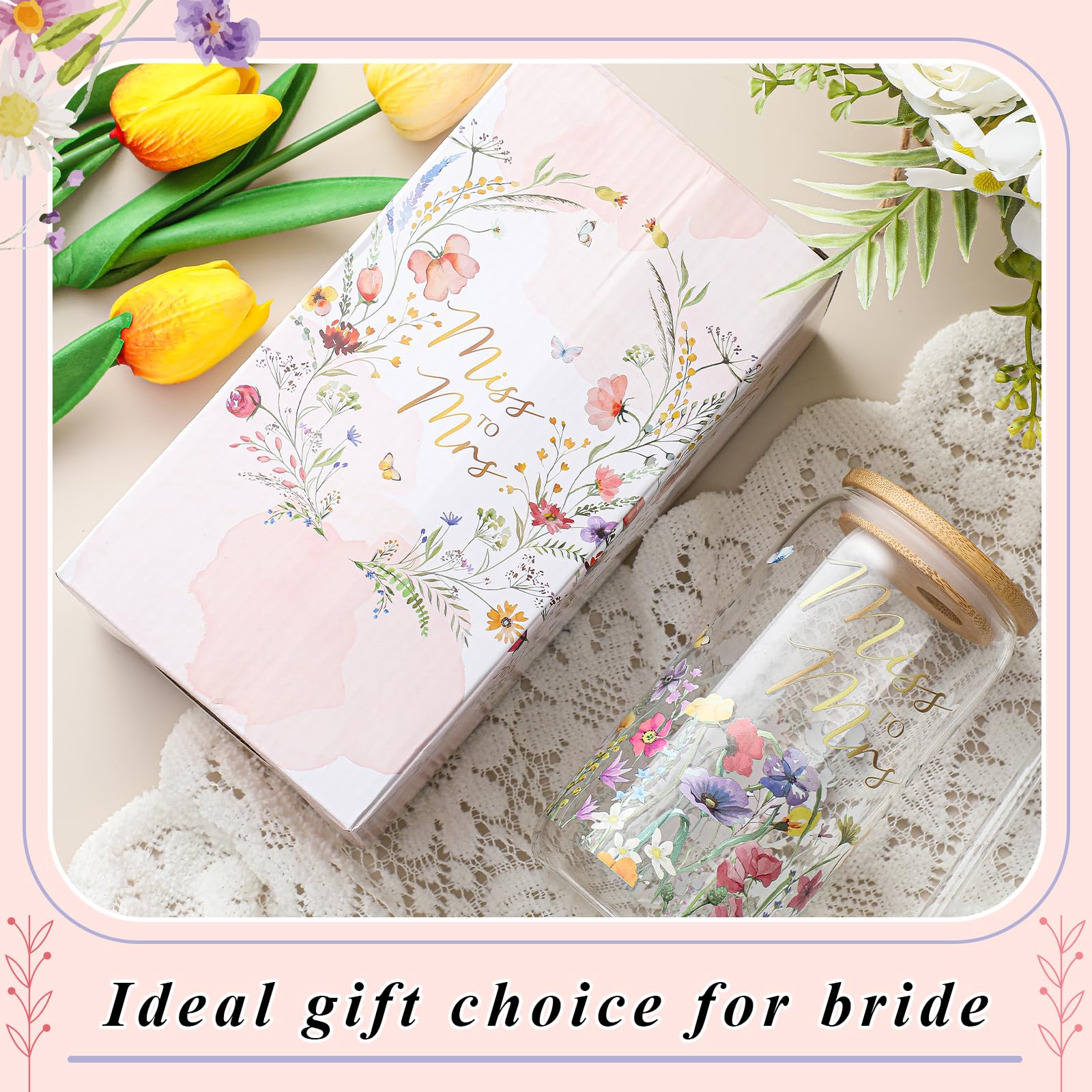 Mumufy Bride to Be Gifts 16oz ‘‘Miss to Mr’’ Bridal Tumbler Glass Cup with Bamboo Lid & Straw, Bridal Shower Engagement, Wedding Day & Bachelorette Party Gift for Future Mrs Wife Bride
