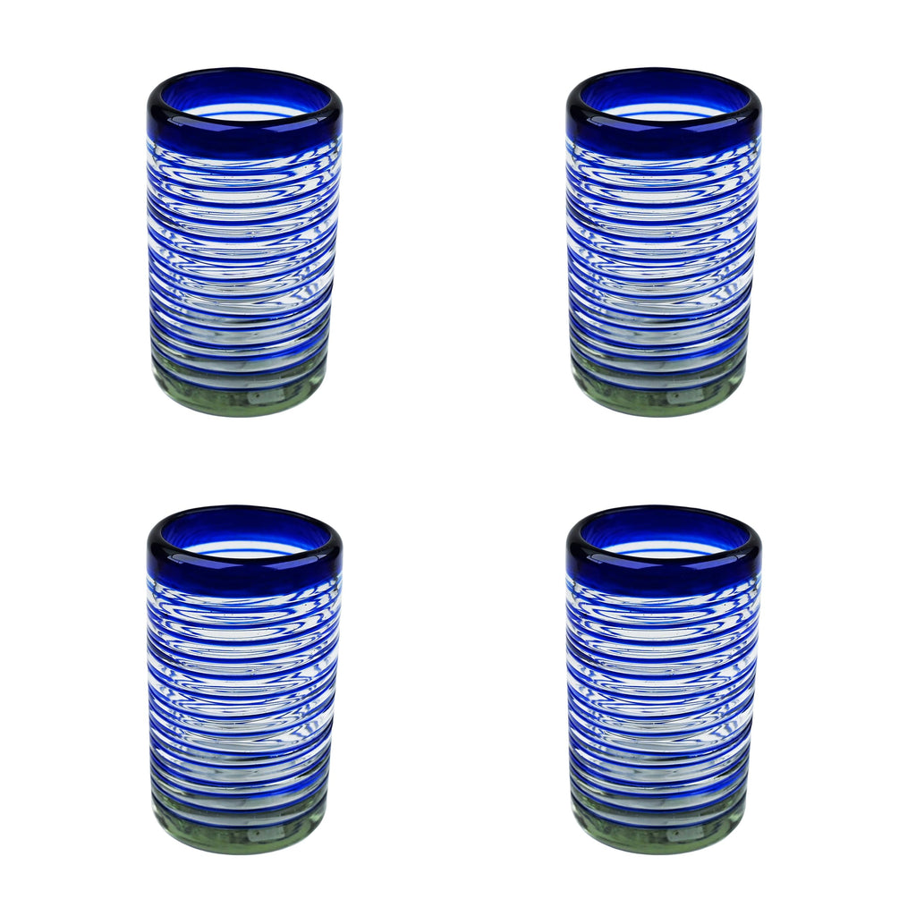 Tumblers, Cobalt Blue Vortex Spiral, Set of 4, 16 oz, Hand Blown by Mexican Artisans from 100% Recycled Cola Bottles, Eco-Friendly, Sustainable, Expert Craftsmanship, passed down through Generations