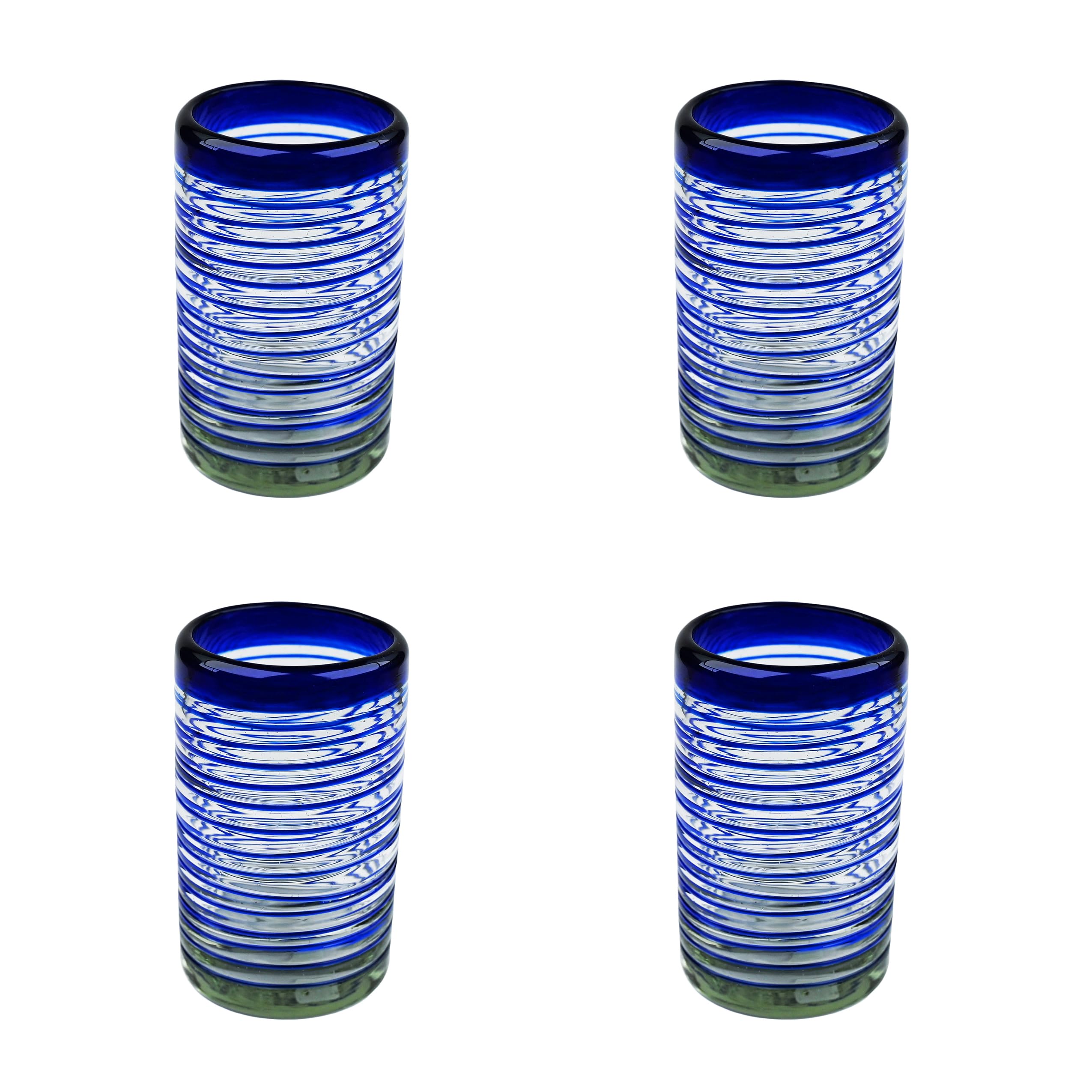 Tumblers, Cobalt Blue Vortex Spiral, Set of 4, 16 oz, Hand Blown by Mexican Artisans from 100% Recycled Cola Bottles, Eco-Friendly, Sustainable, Expert Craftsmanship, passed down through Generations
