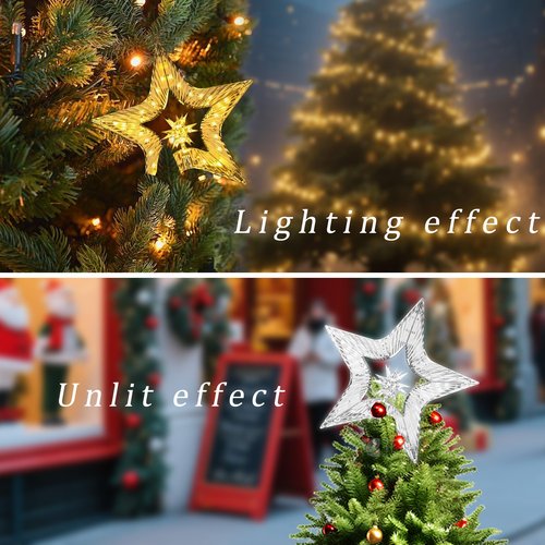 10" Christmas Tree Star Topper with Lights, Shatterproof Plastic Star Christmas Tree Topper Lighted for Christmas Tree Decorations, Warm Glow & USB Plug in