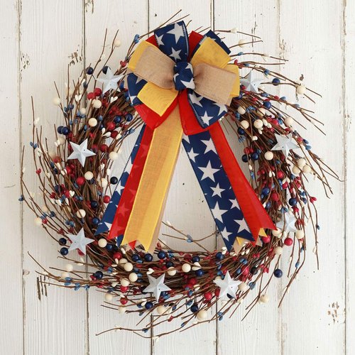 Meseey 1 Pcs Large Red and Blue Patriotic Bow Yellow Deployment of Troops Ribbon Bow for Bunting Wreath Holiday Independence Day 4th of July Party Door Wall Decoration (Patriotic)