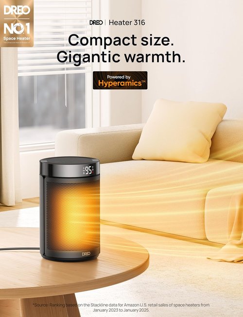 DREO Portable Electric Space Heater - 1500W Fast Heating with Thermostat & Timer | Black