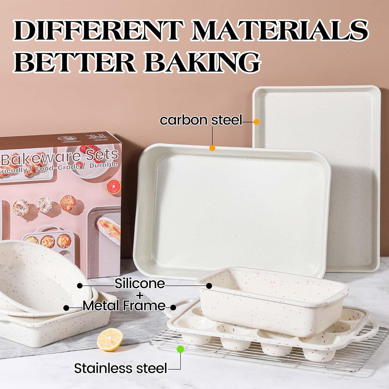 Skiennix 8-Piece Silicone Baking Pans Set - Nonstick Stackable Carbon Steel with Metal Reinforced Frame (Cream)