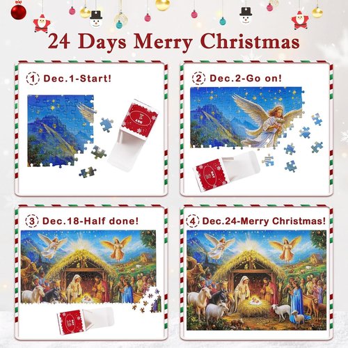 Gold Foil Accents Advent Calendar - 1008-Piece Christmas Jigsaw Puzzle | Religious Nativity Scene Countdown