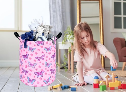 HUAYEE Round Butterfly Pattern Laundry Hamper Storage Basket Fabric Material Storage Hamper Organization Basket, Storage Bin, Gift Box with Handles for Room
