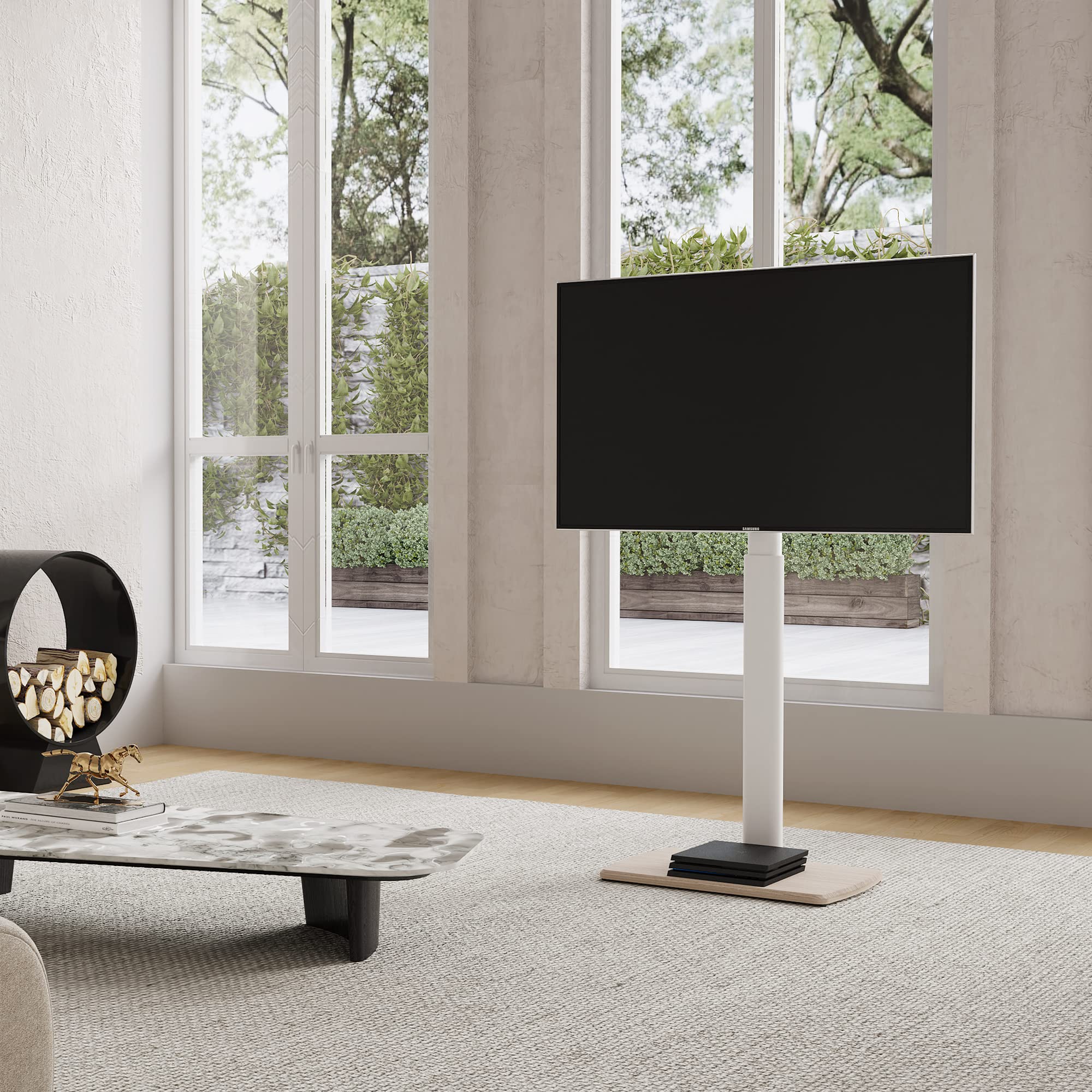 FITUEYES Swivel Floor TV Stand for 32 to 75 Inch TVs, Tall Universal TV Stand Mount with Sturdy Wooden Base, Space Saving for Corner Bedroom Living Room, White