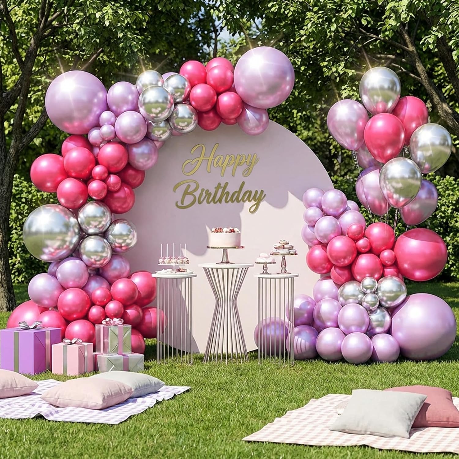 RUBFAC Metallic Pink Balloons - 129-Piece Latex Balloon Garland Kit | 5-18 Inch for Weddings & Parties