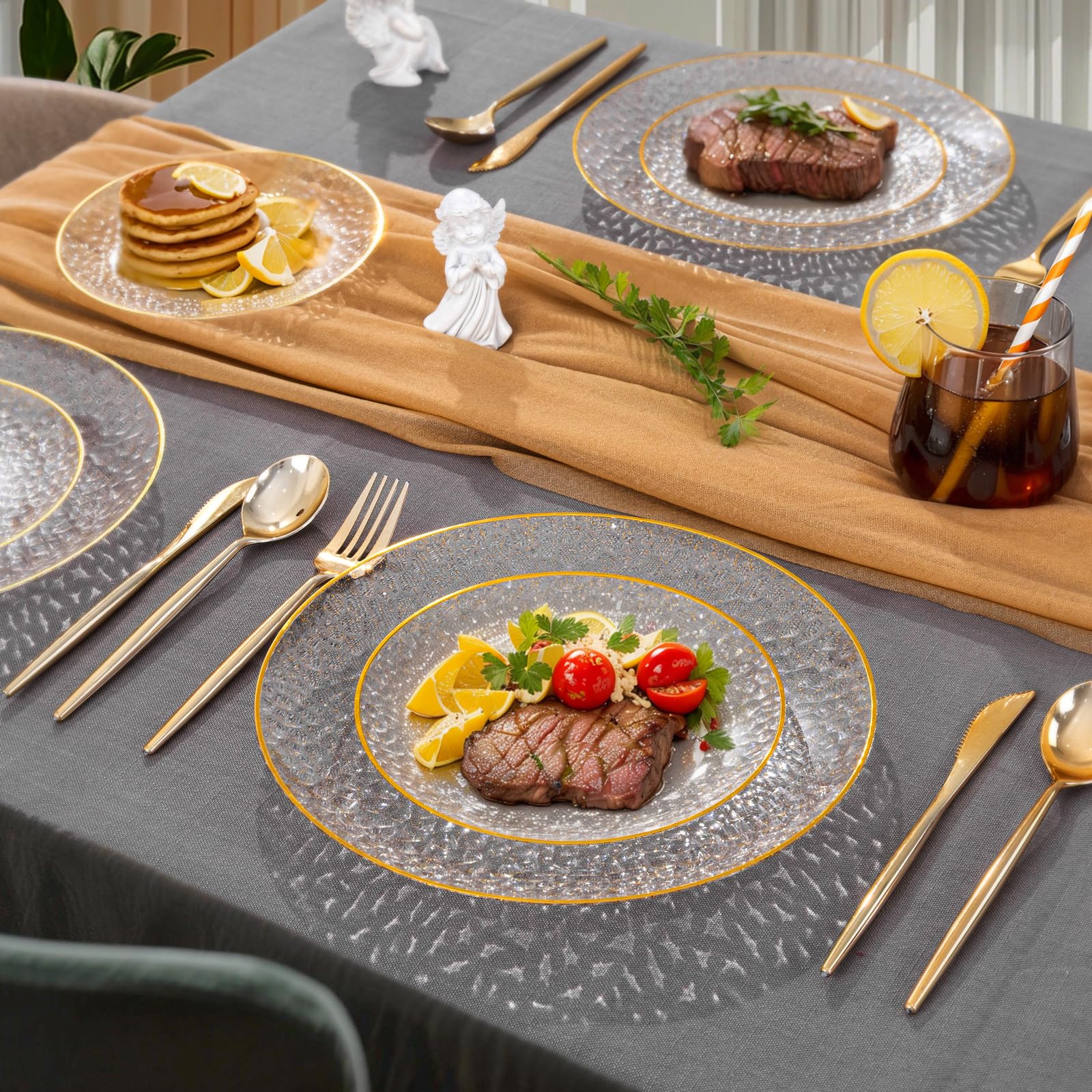 Rubtlamp 60Pcs Clear Gold Plastic Plates, Gold Glitter Disposable Plates, Hammered Plastic Plates Included 30 Dinner Plate And 30 Dessert Plates for Party