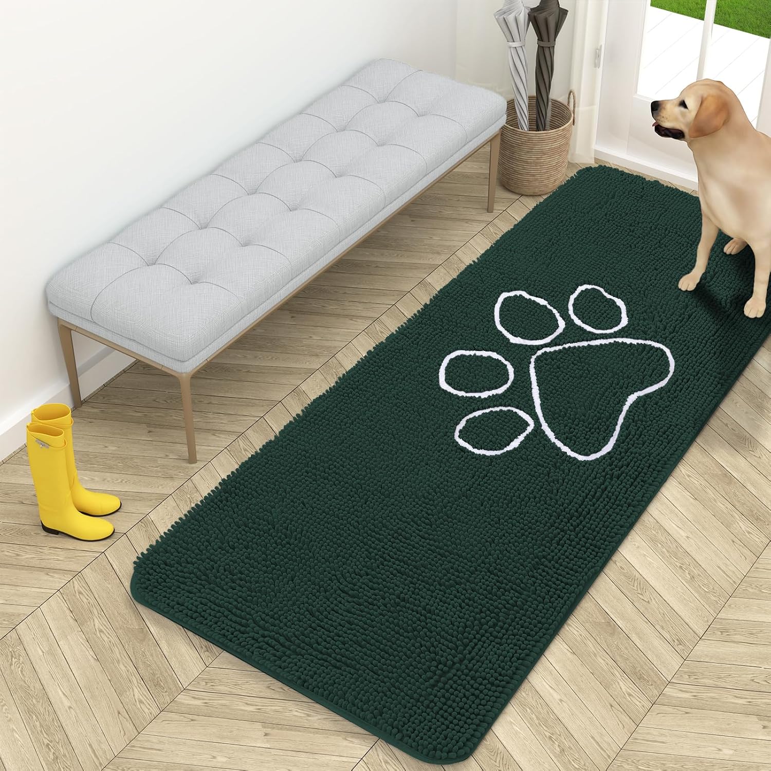 OLANLY Dog Door Mat - Absorbent Non-Slip Mud Mat for Muddy Paws | 59x24 Inches, Blackish Green