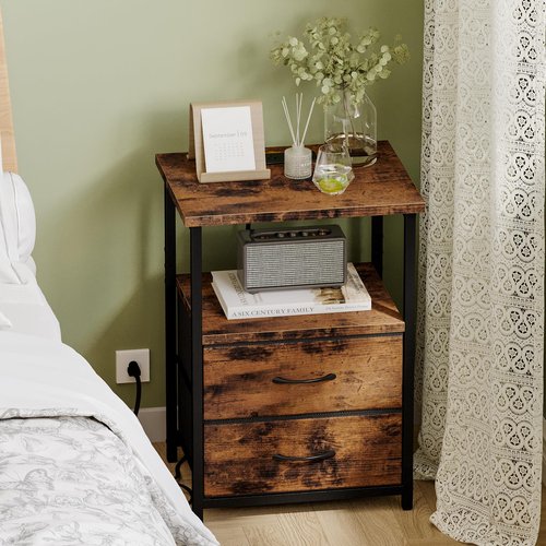 Fixwal Night Stand with Charger Station, Nightstand with Charging Station & Fabric Drawers，Rustic Brown