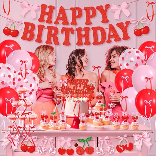 K KUMEED Cherry Birthday Decorations,Happy Birthday Cherry Banner,Summer Fruit Cherry Party Supplies Cake Topper Latex Balloons for Women Girl Birthday Party Favors