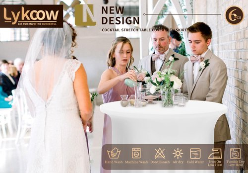 6 Packs Cocktail Table Covers White Cocktail Table Cloth 32"x 43" Spandex Stretch Small Round Tablecloth for 32in Table with Wavy Drapes Fitted High Top Table Cloth for Party Wedding Banquet Bar Table