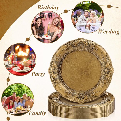 Mifoci Antique Gold Charger Plates Set of 12 Plastic Gold Chargers for Dinner Plates Decorative 13" Round Plate Bulk with Embossed Rim for Dinner, Party, Wedding