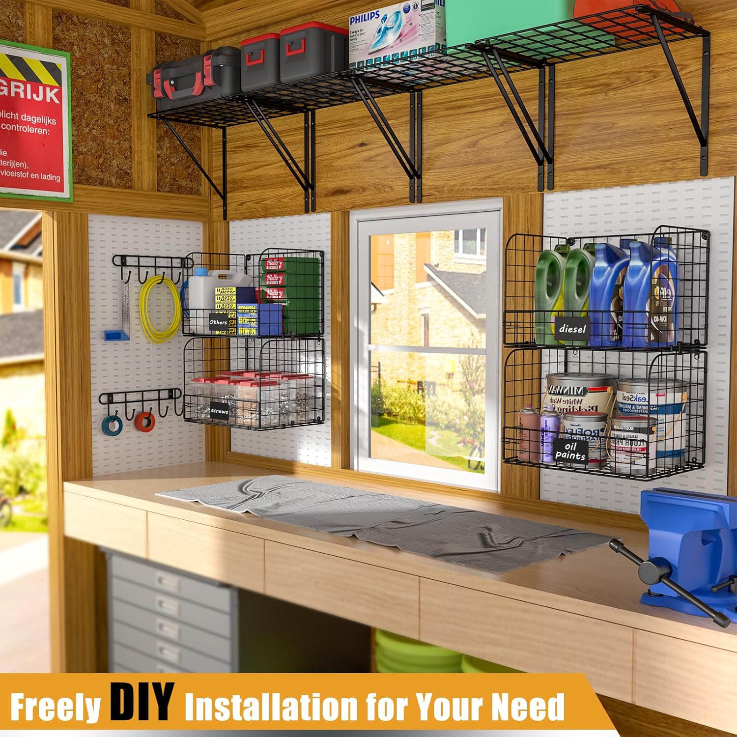 ThreeHio Garage Shelves - Heavy Duty Wall Mounted Shelving with Wire Baskets & Hooks | 2 Pack Tool Organizer