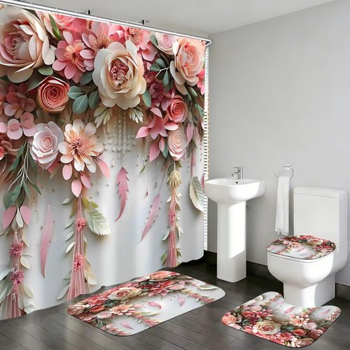 DDQQ Pink Flower Bathroom Shower Curtain Set, Romantic and Cute Rose Floral Polyester Bathroom Decor Set with Shower Curtain and Rugs and Accessories