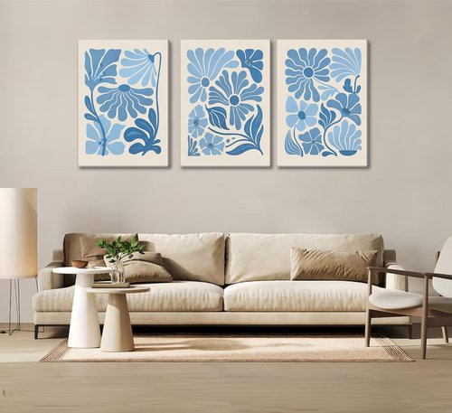 Blue Flower Market Canvas Wall Art - Boho Botanical Aesthetic Prints for Living Room Decor | Light Blue