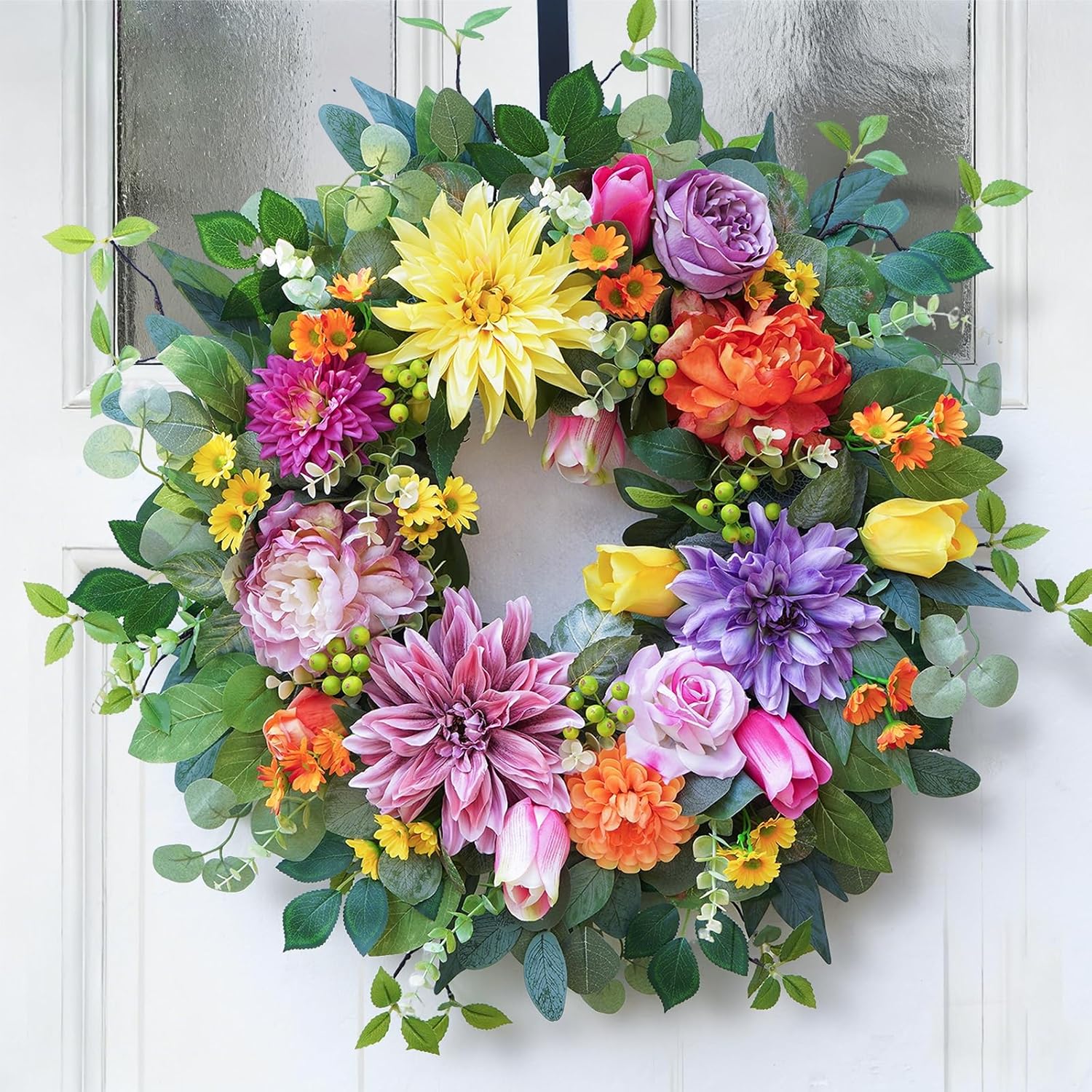 Skiennix 24-Inch Spring Summer Wreath - Luxury Colorful Floral Design with Chrysanthemums, Roses & Tulips