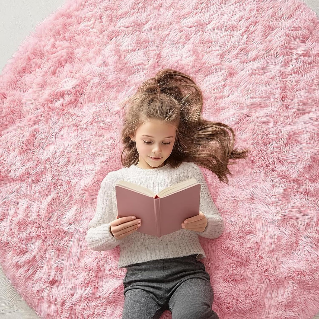 OLANLY Pink Round Area Rug - Soft, Fluffy, Machine Washable 5 ft Circle Carpet for Bedroom & Nursery Decor