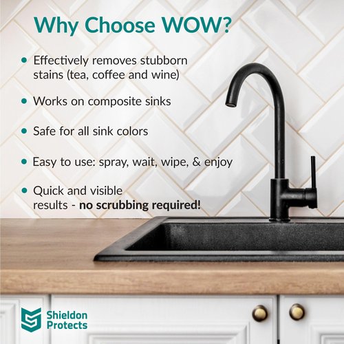 Shieldon Protects WOW cleaning spray for Composite and Conglomerate Sinks - Granite Composite Cleaner for Discoloration and Stains - Silgranit, Fragranit and Blanco - 250ml