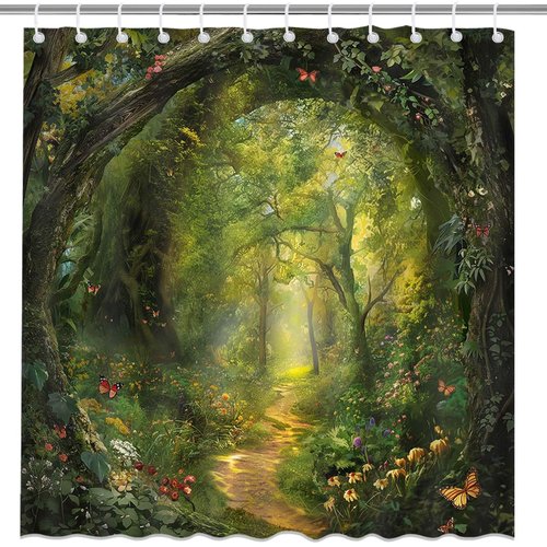 Mocsicka Tree Shower Curtain Spring Nature Garden Enchanted Forest Scene Bathroom Shower Curtain Tree Waterproof Fabric Shower Curtains Bathtub Decor with 12 Hooks 72 X 72 Inch (Green)