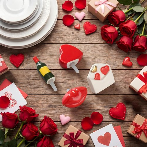Sieral 4 Pcs Valentine Plate Decorations Hand-painted Ceramic Valentines Day Red Heart Wine Bottle Heart Envelope Red Lips Ceramic Plate Accent for Home Serving Dishes Platter Party Supply