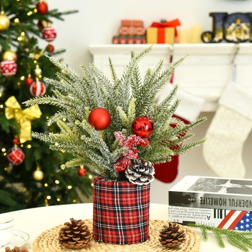 Buffalo Check | 2 Pack Small Christmas Trees - Festive Centerpiece Decor with Pine Cones & Berries