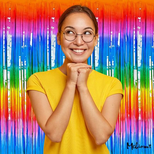 Dark Rainbow Fringe Curtain Backdrop by [Brand Name] - 4 Pack Metallic Tinsel Streamers | 3.2Ft x 9.8Ft for Parties & Events