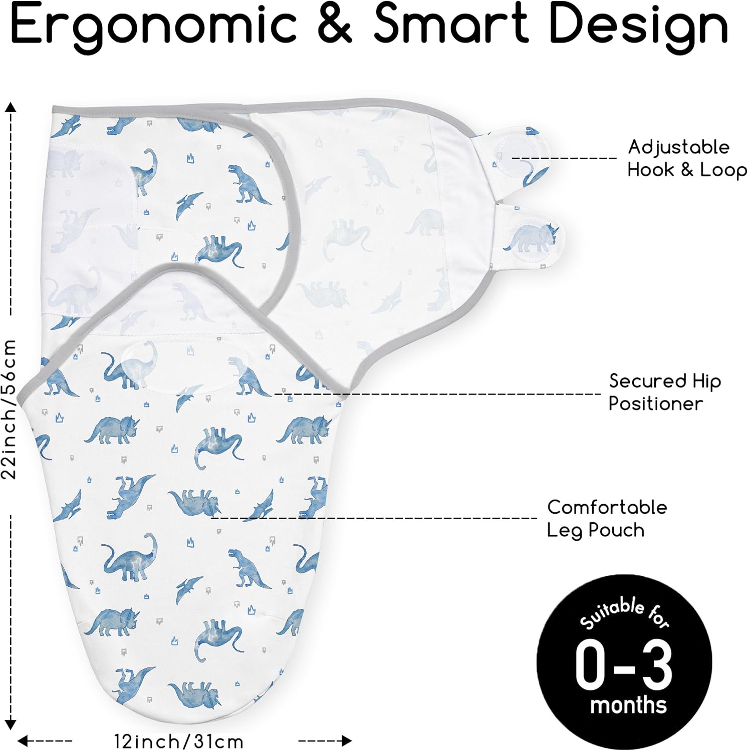 Skiennix Baby Swaddles - Organic Cotton Sleep Sack for Newborns | Soft & Snug 0-3 Months, 2-Pack Blue Dinosaur