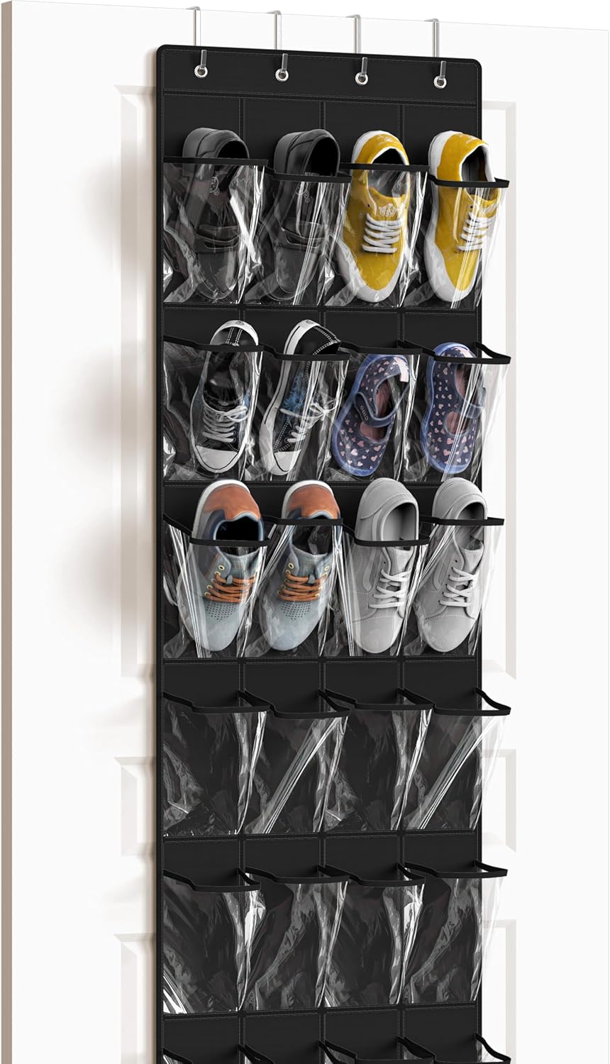 Simple Houseware 24-Pocket Over The Door Shoe Organizer - Crystal Clear, Black (64'' x 19'')