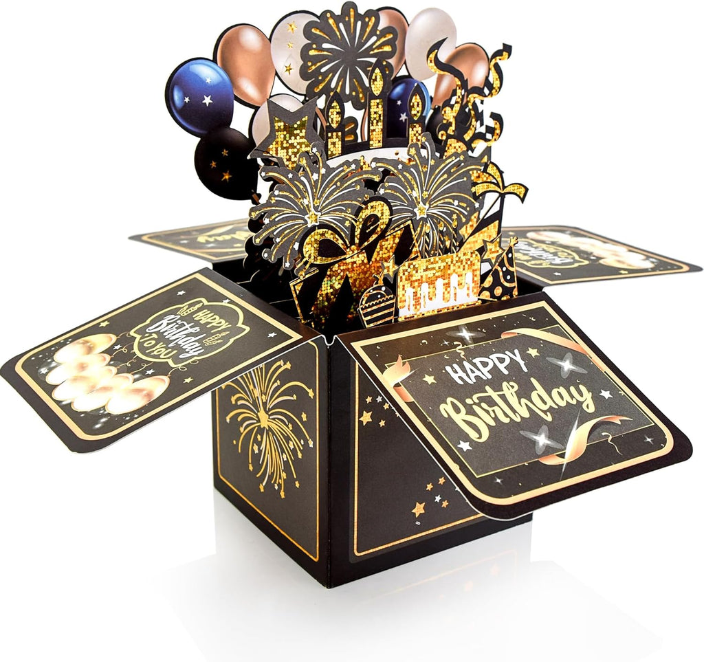 Surprise Pop Up Birthday Cards - Unique 3D Handmade Greeting Card for Adults & Kids | Black Design