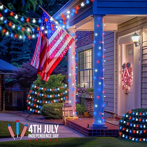 JMEXSUSS 100 LED Connectable Red, White, and Blue String Lights - 33ft Indoor/Outdoor Patriotic Decor with Remote & 8 Modes