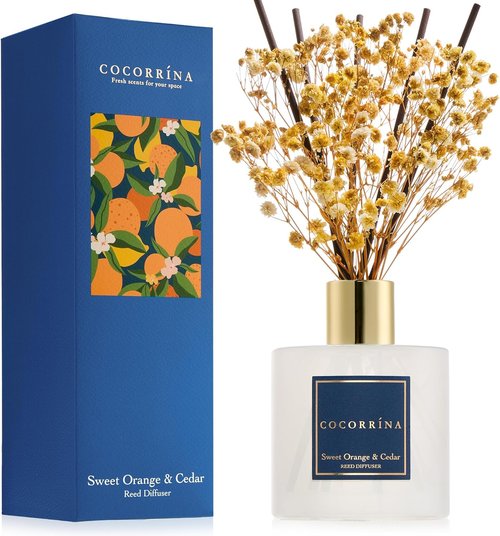 COCORRÍNA Reed Diffuser - Sweet Orange & Cedar | 6.7 Fl. Oz Set with Sticks & Baby's Breath Decor