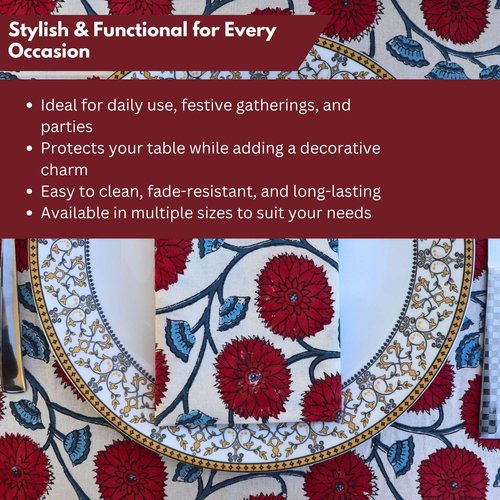 Handblock Print Cotton Tablecloth – 72x135 Rectangle Table Cover Seats 8-10 – Indian Block Printed Floral Dining Table Linen – Boho Washable Cloth for Kitchen, Party, Outdoor (White)