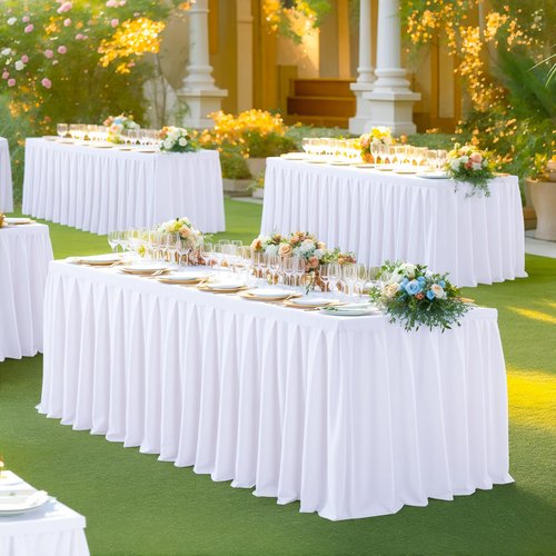 gogoparti Table Skirts for Rectangle Tables 6ft, 6 Pack White Table Covers for 6 Foot Tables Wrinkle Free Stretch Table Cloths with Pleated Skirt Fabric for Banquet, Party, Wedding