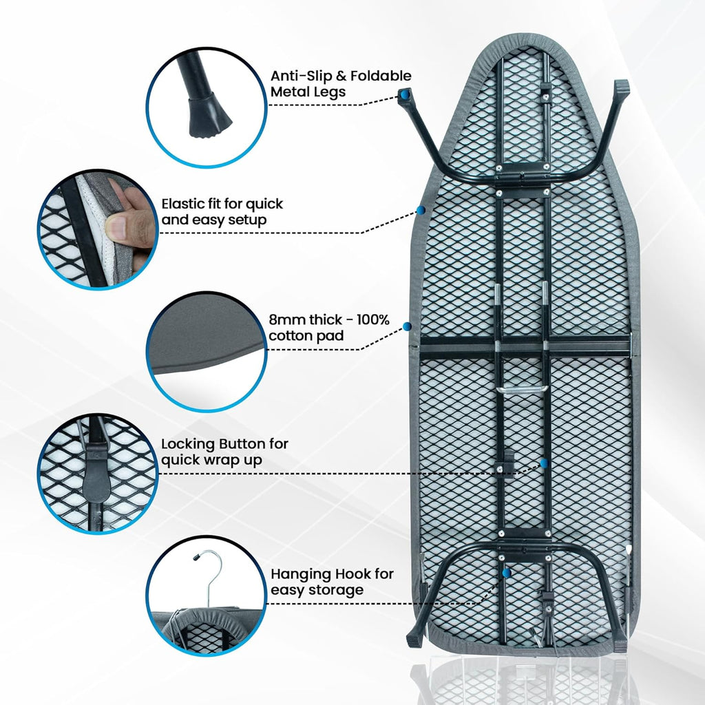 Regine Switzerland Metal Mesh Panel Ironing Board - Foldable Heavy-Duty Design with Heat-Resistant Cover & 100% Cotton Pad (Grey)