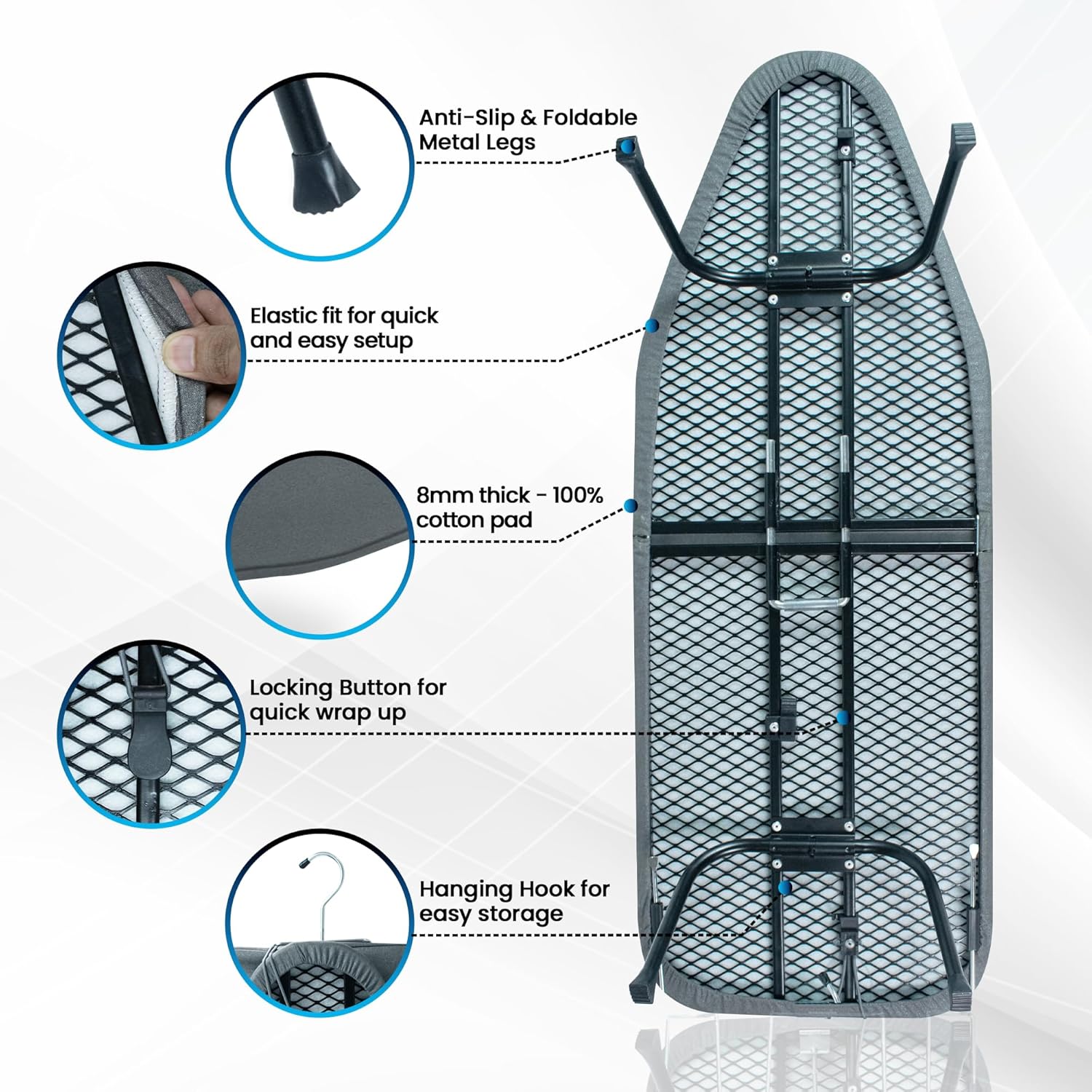 Regine Switzerland Metal Mesh Panel Ironing Board - Foldable Heavy-Duty Design with Heat-Resistant Cover & 100% Cotton Pad (Grey)