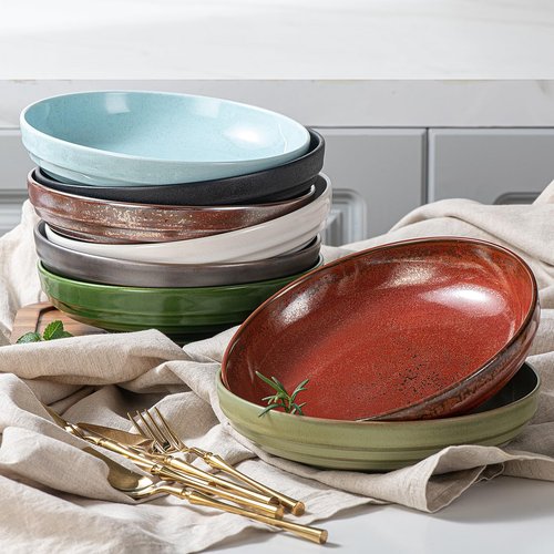 HAPPY KIT 9'' Large Pasta Bowls, 42 Oz, Stoneware Reactive Glaze Salad Bowl Set of 4, Ceramic Serving Bowls for Fruit,Soup,Noodle, Dinner, Scratch Resistant, Rust Red