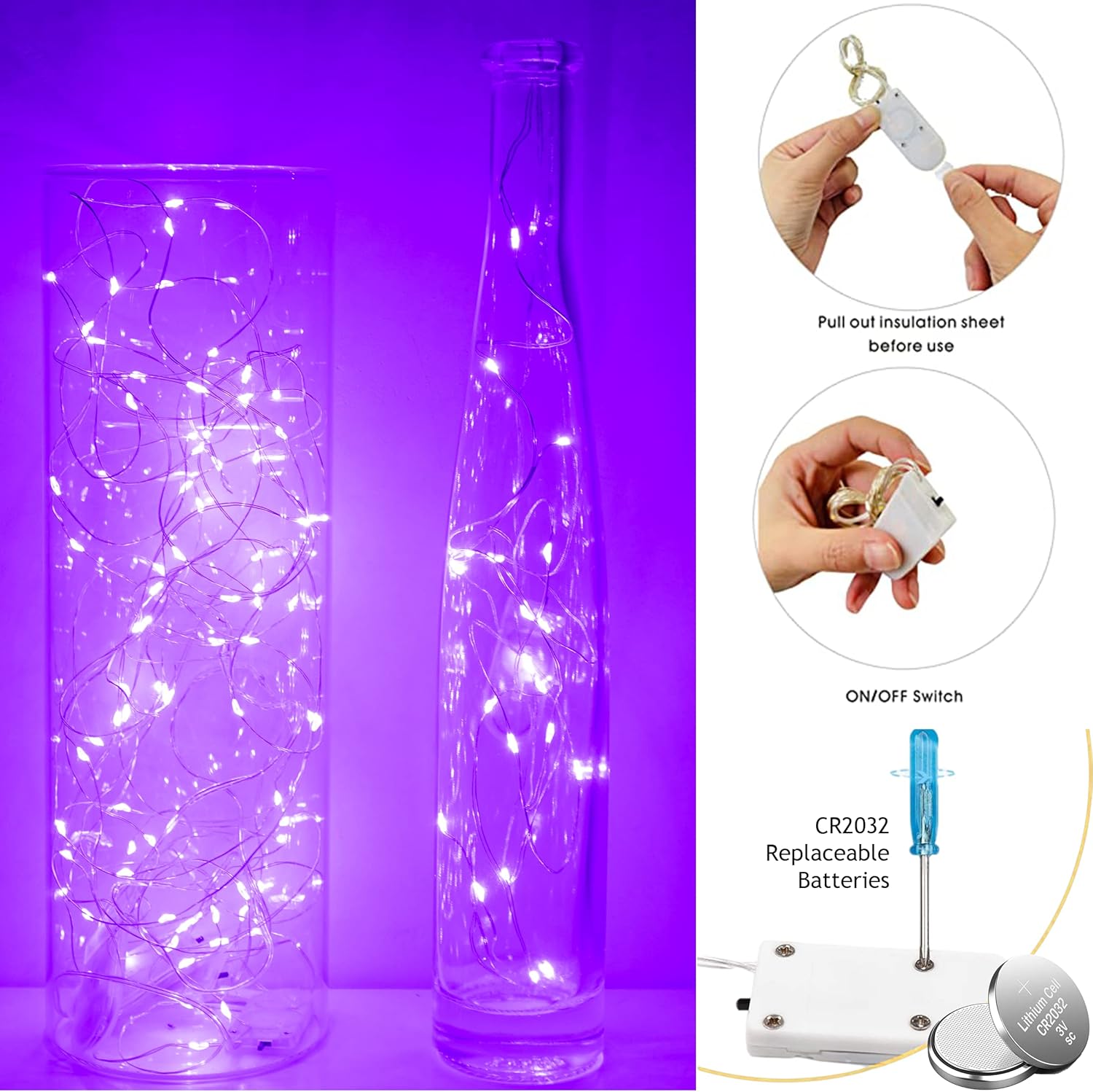 SunKite 20 LED Purple Fairy String Lights - Waterproof Battery Operated | 6.6 Feet Silver Copper Wire for DIY Decor