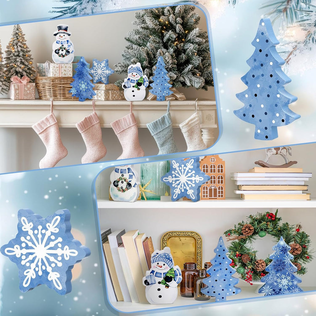 Threehoney Winter Snowman Decor - 5 Pcs Cute Blue Snowflake Table Centerpieces for Home & Office