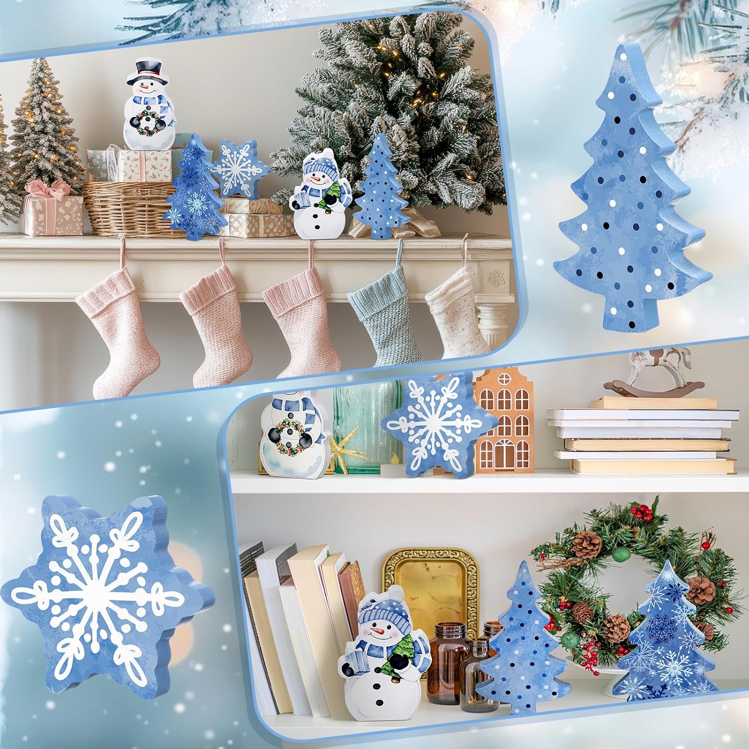 Threehoney Winter Snowman Decor - 5 Pcs Cute Blue Snowflake Table Centerpieces for Home & Office