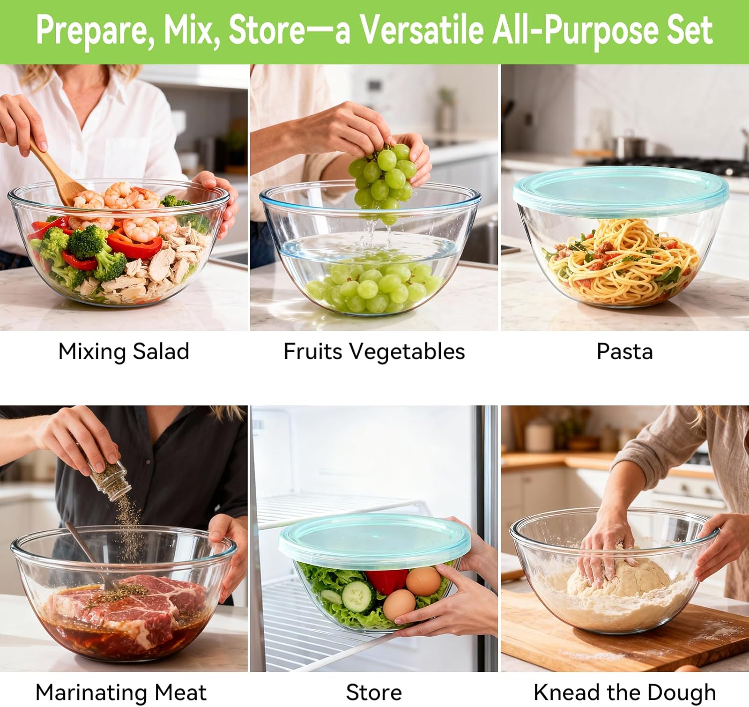 YUANYE Glass Mixing Bowls Set - 4 Pack with Lids | Thick, Nesting Kitchen Bowls for Cooking & Baking (3/1.7/0.9/0.6QT)