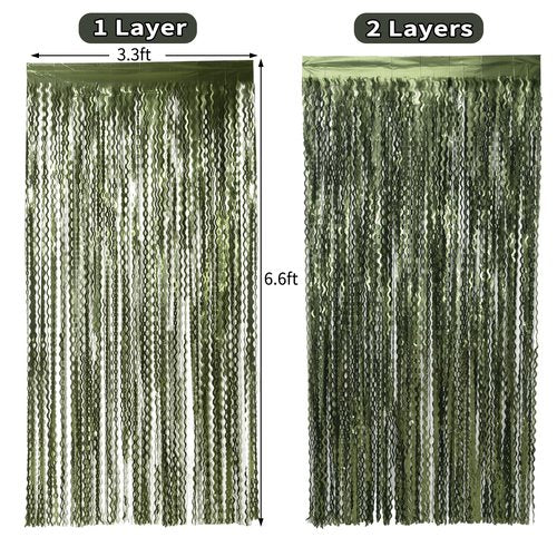 4 Pack Wavy Olive Green Streamers Backdrop Jungle Party Decorations - 3.3x6.6ft Foil Fringe Curtains Photo Booth for Dinosaur Animal St Patrick's Day Football Decor