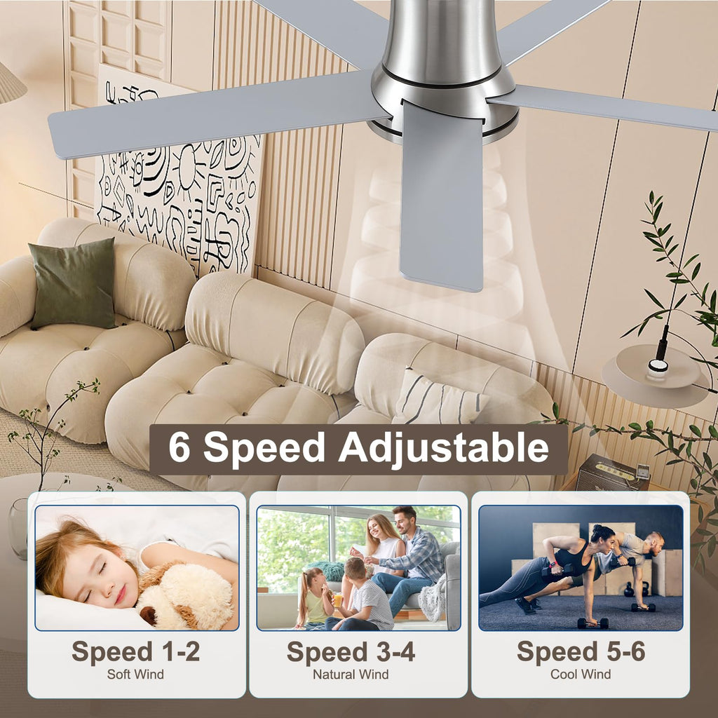 Realmate 52 Inch Ceiling Fans with Lights and Remote,Nickel Flush Mount Ceiling Fan,Quiet 6 Speed Reversible DC Motor,3CCT Dimmable LED,3 Timers-Low Profile Design for Bedroom Kids Room Living Room