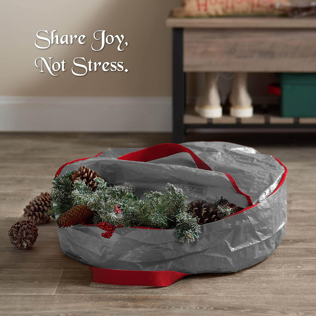 ZOBER Wreath Storage Bag - 30 Inch Dual Zippered Container for Artificial Wreaths - Durable Gray Design