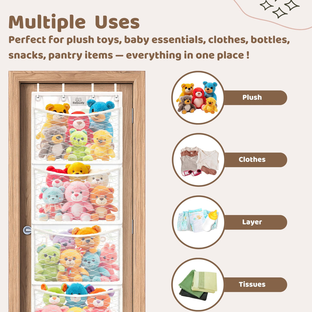 Baloudy Stuffed Animal Storage – Over Door Toy Organizer for Plush, Stuffies & Soft Toys – Large Mesh Bag Hammock Hanging Storage for Girls, Boys, Toddlers, Baby Room – Space Saver Solution (jungle)