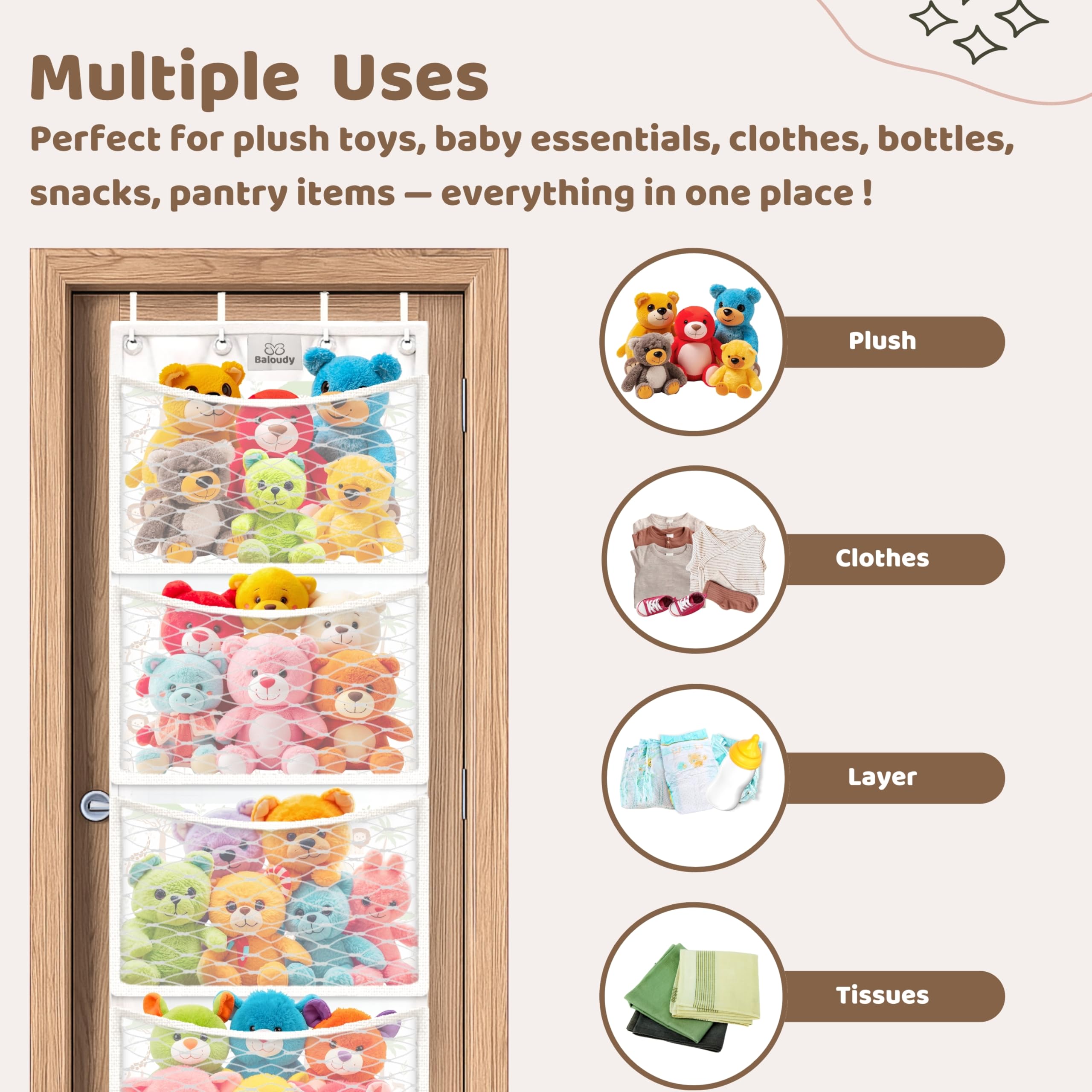 Baloudy Stuffed Animal Storage – Over Door Toy Organizer for Plush, Stuffies & Soft Toys – Large Mesh Bag Hammock Hanging Storage for Girls, Boys, Toddlers, Baby Room – Space Saver Solution (jungle)