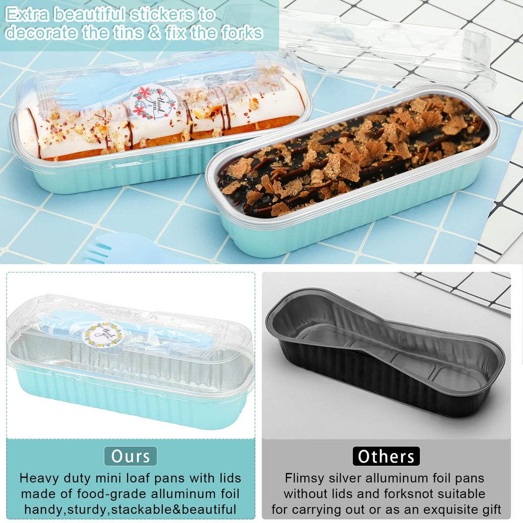 ylnurac 200Pack Mini Cake Pans Disposable Mini Loaf Pans with Lids and Spoons and Stickers, 6.8Oz Aluminum Foil Pans Tins, Individual Dessert Cups Containers for Sales,Party,Picnics Sky Blue