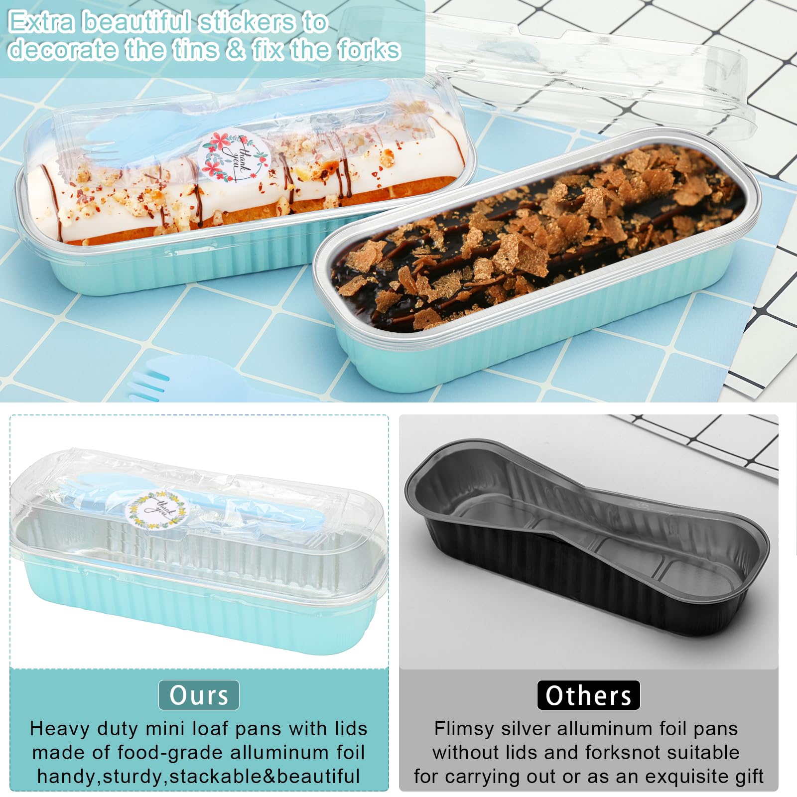 ylnurac 200Pack Mini Cake Pans Disposable Mini Loaf Pans with Lids and Spoons and Stickers, 6.8Oz Aluminum Foil Pans Tins, Individual Dessert Cups Containers for Sales,Party,Picnics Sky Blue
