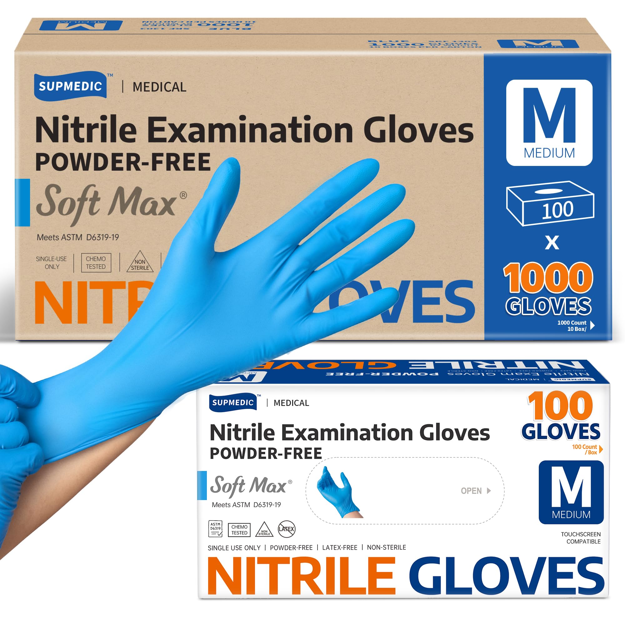 Supmedic Nitrile Exam Glove, 3.5 mil Disposable Medical Gloves Powder-Free Latex-Free Food Safe Cleaning Cooking,1000 pcs Blue (Medium)