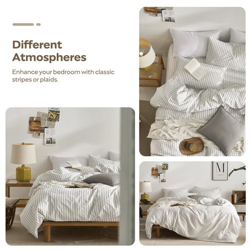 JELLYMONI Striped Duvet Cover Set - Queen Size 100% Cotton - 3PCS White & Grey Vertical Stripes Bedding - Hidden Zipper Closure & 8 Corner Ties - Breathable Comforter Cover for Bedroom